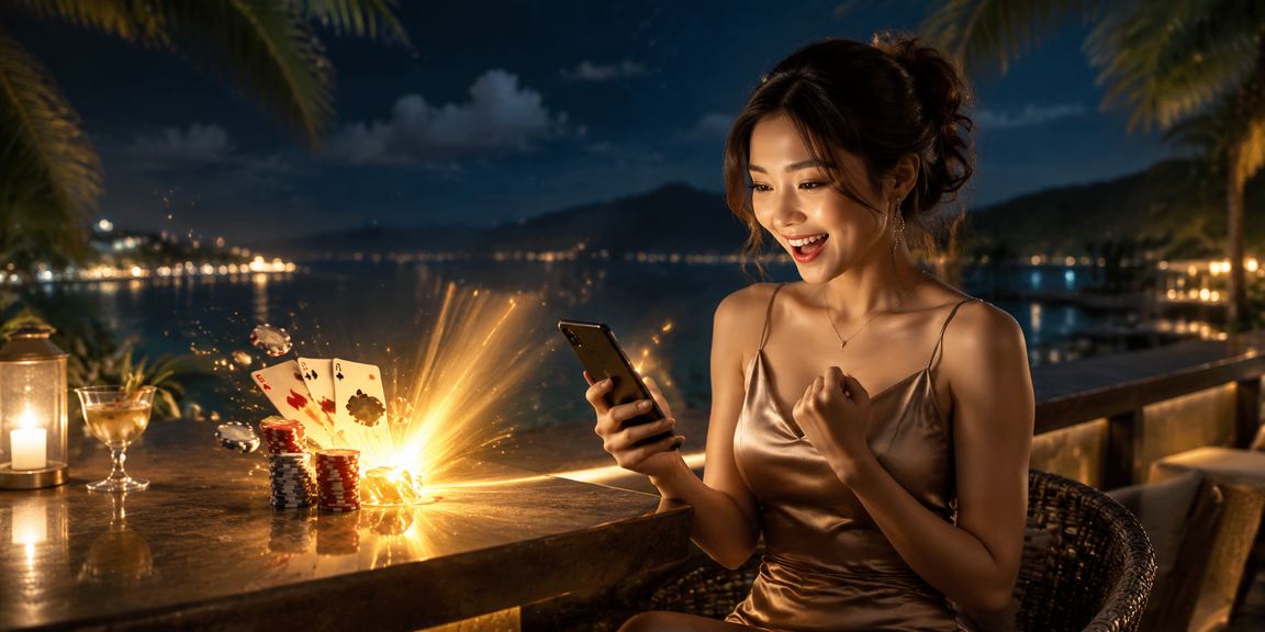 Người chơi thư giãn trên bãi biển Phú Quốc thưởng thức trò chơi bài trực tuyến buổi tối
